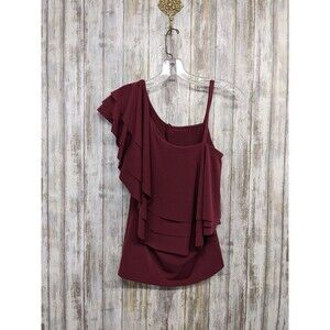 Cupio Womens One Shoulder Ruffle Top Burgundy Maroon Blouse Small NWT $58